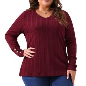 Plus Size V Neck Button Stretch Pullover Sweater Burgundy